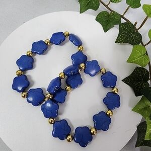 2 Blue Flower Shape Natural Stone Stretch Bracelet
